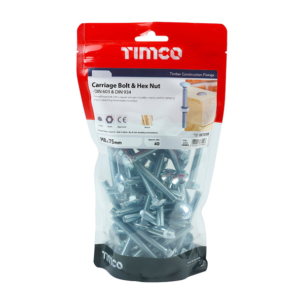 TIMCO Carriage Bolts DIN603 & Hex Full Nut DIN934 Silver - M8 x 75 (40pcs)