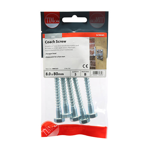 TIMCO Coach Screws Hex Head Silver  - 8.0 x 80 (5pcs)