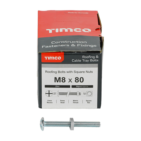 TIMCO Roofing Bolts & Square Nuts Silver - M8 x 80 (50pcs)