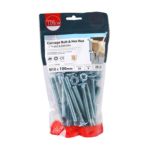 TIMCO Carriage Bolts DIN603 & Hex Full Nut DIN934 Silver - M10 x 100 (24pcs)