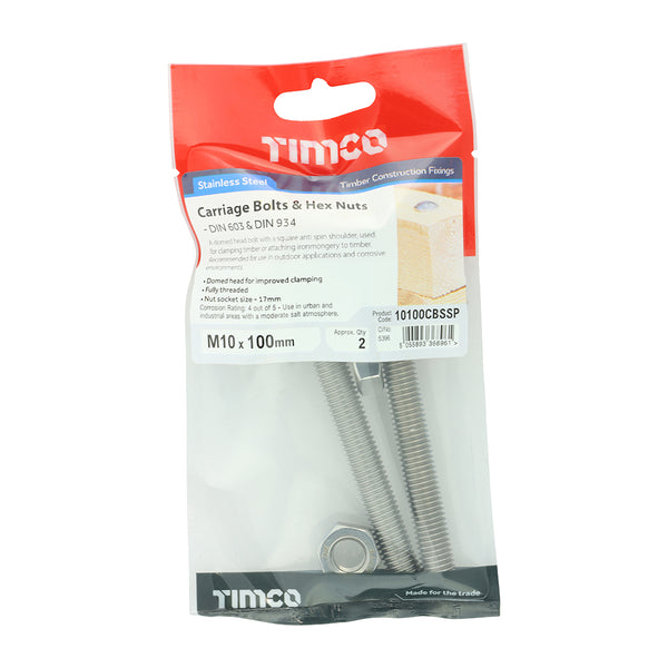 TIMCO Carriage Bolts DIN603 & Hex Full Nut DIN934 A2 Stainless Steel - M10 x 100 (2pcs)