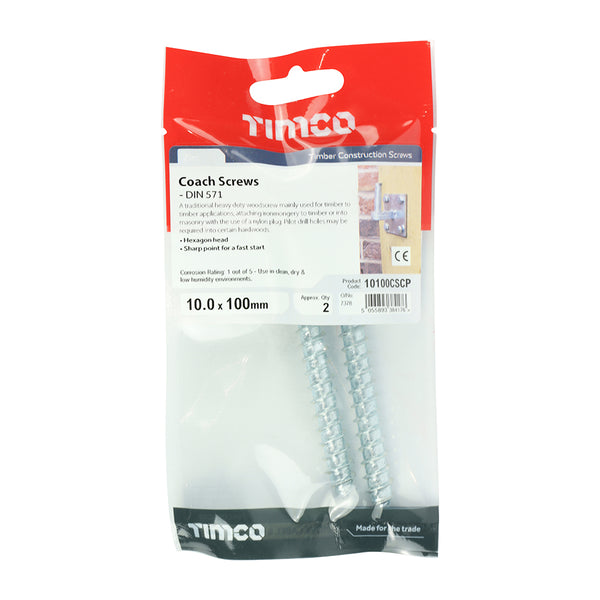 TIMCO Coach Screws Hex Head Silver  - 10.0 x 100 (2pcs)