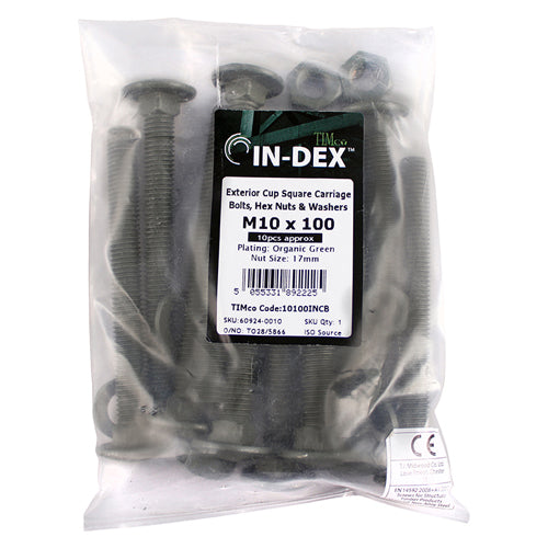 TIMCO Carriage Bolts DIN603 Hex Nuts & Form A Washers Green Exterior - M10 x 100 (10pcs)