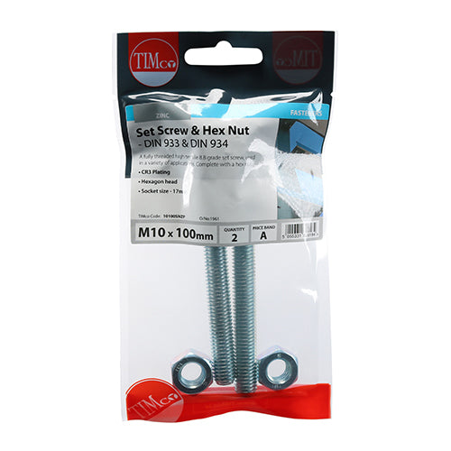 TIMCO Set Screws DIN933 Grade 8.8 & Hex Nut DIN934 Silver - M10 x 100 (2pcs)