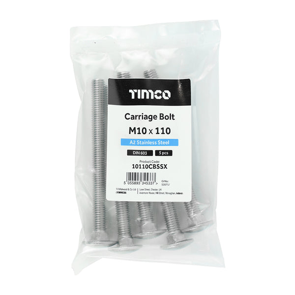 TIMCO Carriage Bolts DIN603 A2 Stainless Steel - M10 x 110 (5pcs)