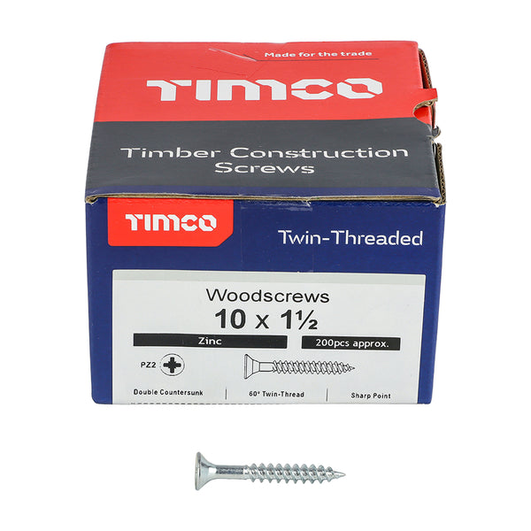 TIMCO Twin-Threaded Countersunk Silver Woodscrews - 10 x 1 1/2 (200pcs)