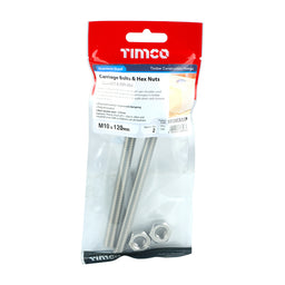 TIMCO Carriage Bolts DIN603 & Hex Full Nut DIN934 A2 Stainless Steel - M10 x 120 (2pcs)