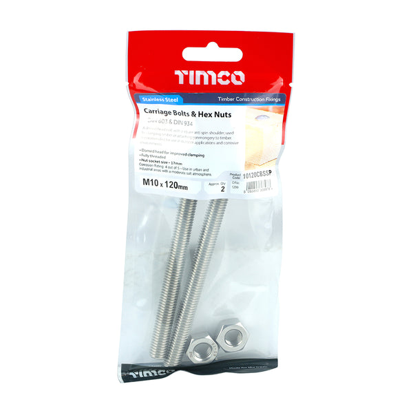 TIMCO Carriage Bolts DIN603 & Hex Full Nut DIN934 A2 Stainless Steel - M10 x 120 (2pcs)