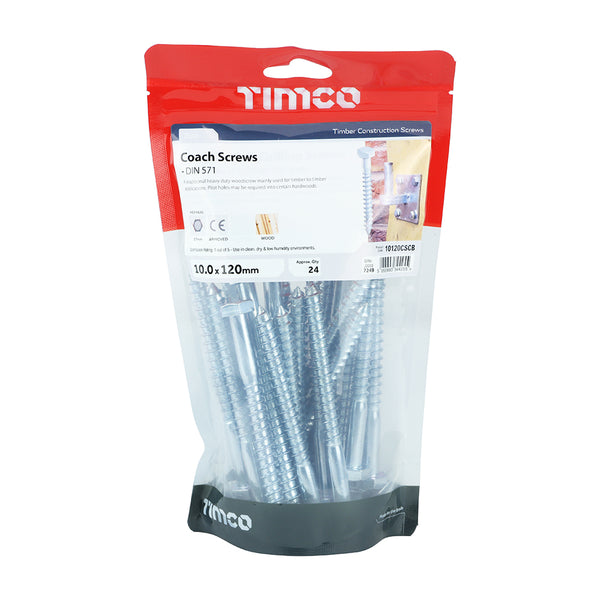 TIMCO Coach Screws Hex Head Silver  - 10.0 x 120 (24pcs)