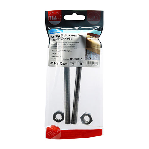 TIMCO Carriage Bolts DIN603 & Hex Full Nut DIN934 A2 Stainless Steel - M10 x 130 (2pcs)