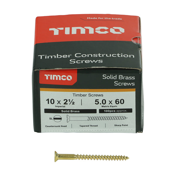 TIMCO Solid Brass Countersunk Woodscrews - 10 x 2 1/2 (100pcs)