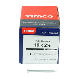 TIMCO Twin-Threaded Round Head Silver Woodscrews - 10 x 21/2 (200pcs)