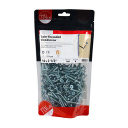 TIMCO Twin-Threaded Countersunk Silver Woodscrews - 10 x 21/2 (160pcs)