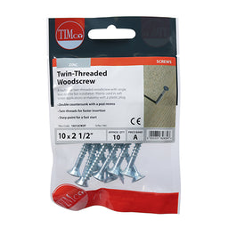 TIMCO Twin-Threaded Countersunk Silver Woodscrews - 10 x 21/2 (10pcs)