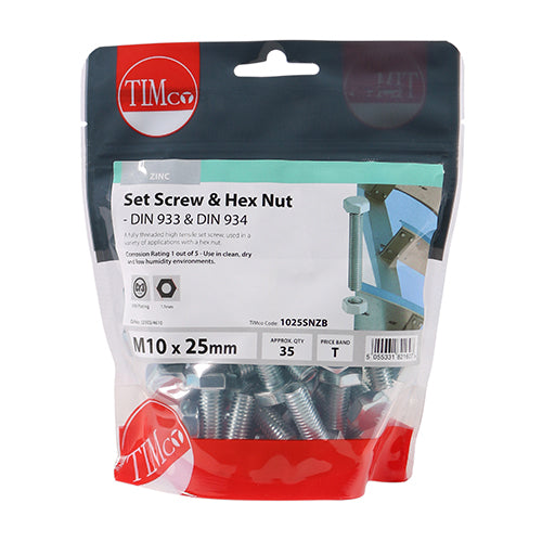 TIMCO Set Screws DIN933 Grade 8.8 & Hex Nut DIN934 Silver - M10 x 25 (35pcs)