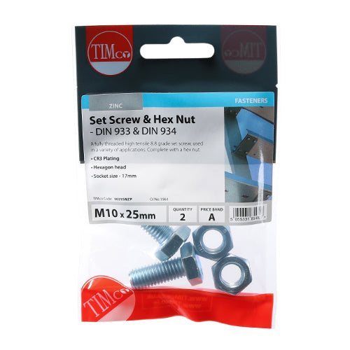 TIMCO Set Screws DIN933 Grade 8.8 & Hex Nut DIN934 Silver - M10 x 25 (2pcs)