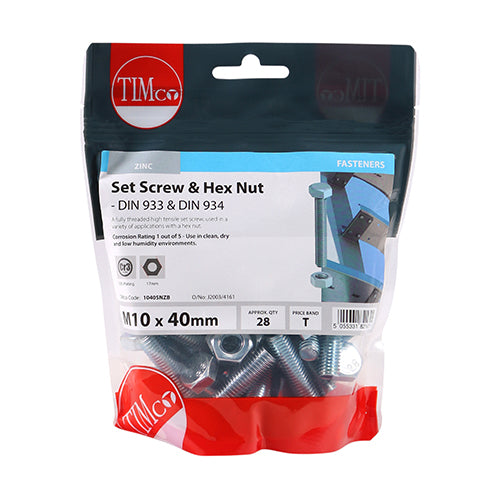 TIMCO Set Screws DIN933 Grade 8.8 & Hex Nut DIN934 Silver - M10 x 40 (28pcs)