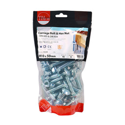 TIMCO Carriage Bolts DIN603 & Hex Full Nut DIN934 Silver - M10 x 50 (45pcs)