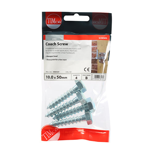 TIMCO Coach Screws Hex Head Silver  - 10.0 x 50 (4pcs)