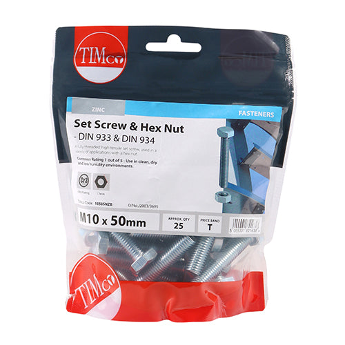 TIMCO Set Screws DIN933 Grade 8.8 & Hex Nut DIN934 Silver - M10 x 50 (25pcs)