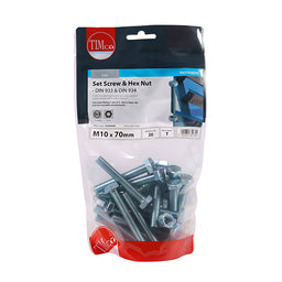 TIMCO Set Screws DIN933 Grade 8.8 & Hex Nut DIN934 Silver - M10 x 70 (20pcs)