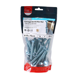 TIMCO Carriage Bolts DIN603 & Hex Full Nut DIN934 Silver - M10 x 75 (28pcs)