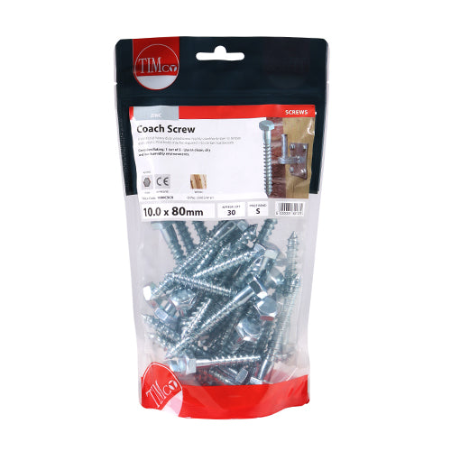 TIMCO Coach Screws Hex Head Silver  - 10.0 x 80 (30pcs)