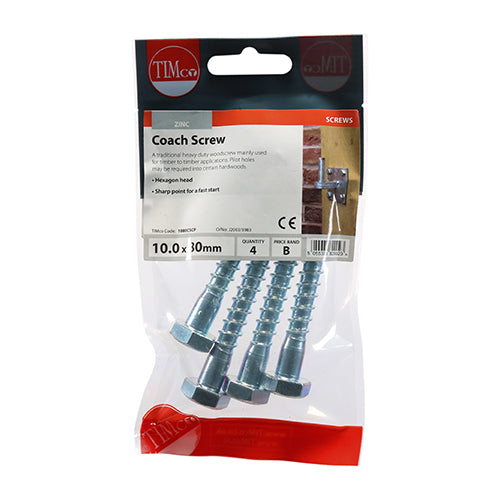 TIMCO Coach Screws Hex Head Silver  - 10.0 x 80 (4pcs)