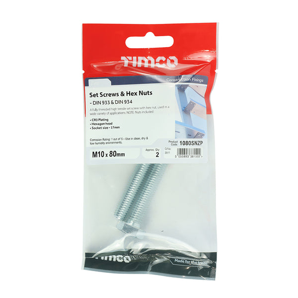 TIMCO Set Screws DIN933 Grade 8.8 & Hex Nut DIN934 Silver - M10 x 80 (2pcs)