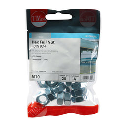 TIMCO Hex Full Nuts DIN934 Silver - M10 (20pcs)