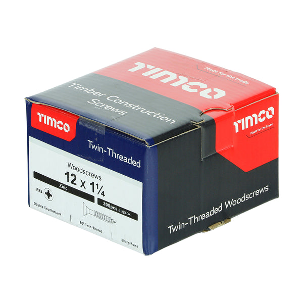 TIMCO Twin-Threaded Countersunk Silver Woodscrews - 12 x 1 1/4 (200pcs)