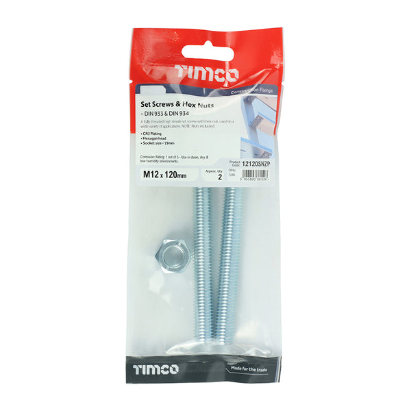 TIMCO Set Screws DIN933 Grade 8.8 & Hex Nut DIN934 Silver - M12 x 120 (2pcs)