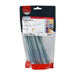 TIMCO Coach Screws Hex Head Silver  - 12.0 x 150 (12pcs)