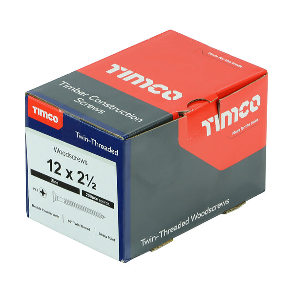 TIMCO Twin-Threaded Countersunk Silver Woodscrews - 12 x 2 1/2 (200pcs)