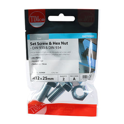 TIMCO Set Screws DIN933 Grade 8.8 & Hex Nut DIN934 Silver - M12 x 25 (2pcs)