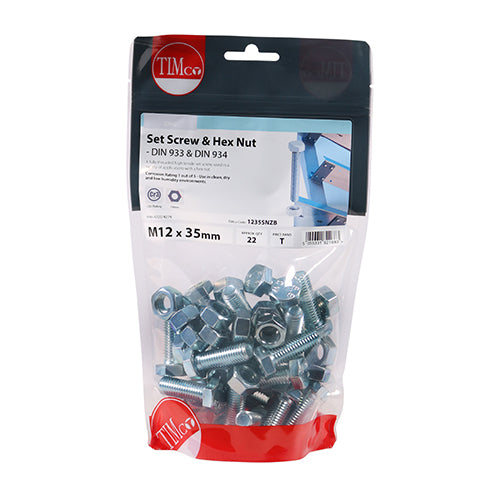 TIMCO Set Screws DIN933 Grade 8.8 & Hex Nut DIN934 Silver - M12 x 35 (22pcs)