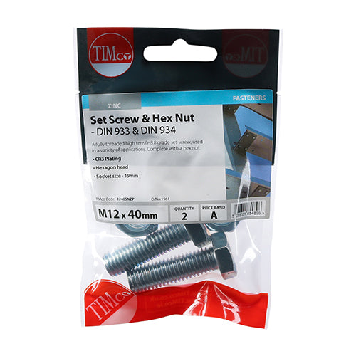 TIMCO Set Screws DIN933 Grade 8.8 & Hex Nut DIN934 Silver - M12 x 40 (2pcs)