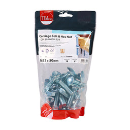 TIMCO Carriage Bolts DIN603 & Hex Full Nut DIN934 Silver - M12 x 50 (18pcs)