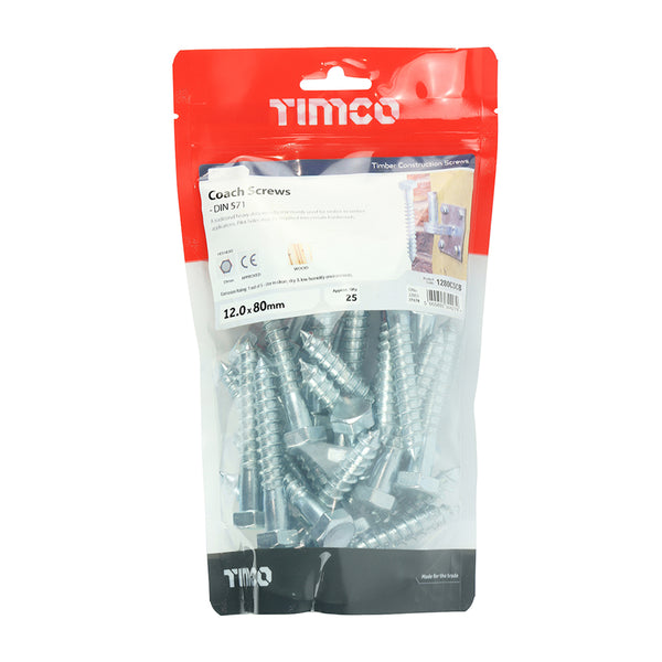 TIMCO Coach Screws Hex Head Silver  - 12.0 x 80 (25pcs)