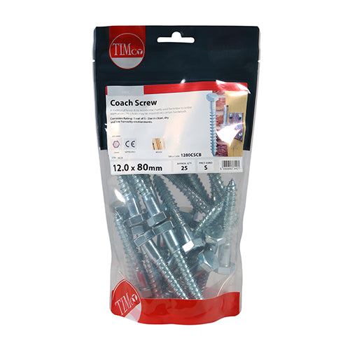 TIMCO Coach Screws Hex Head Silver  - 12.0 x 80 (25pcs)