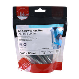 TIMCO Set Screws DIN933 Grade 8.8 & Hex Nut DIN934 Silver - M12 x 80 (10pcs)