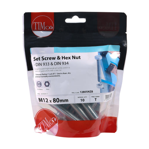 TIMCO Set Screws DIN933 Grade 8.8 & Hex Nut DIN934 Silver - M12 x 80 (10pcs)