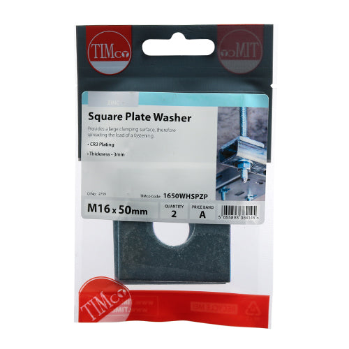 TIMCO Square Plate Washers Silver - M16 x 50 x 50 x 3 (2pcs)