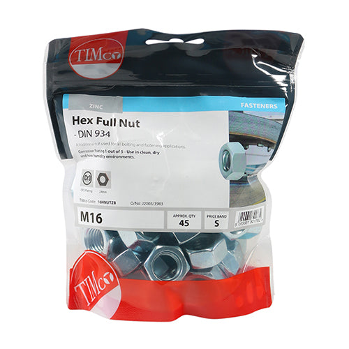 TIMCO Hex Full Nuts DIN934 Silver - M16 (45pcs)