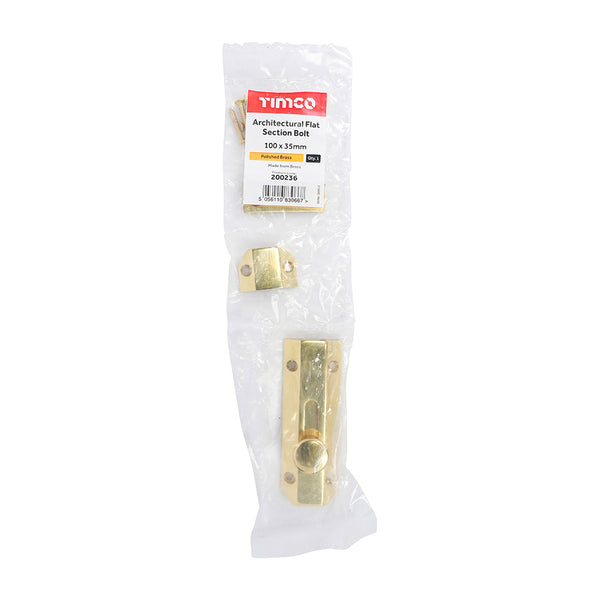 TIMCO Architectural Flat Section Bolt Polished Brass - 100 x 35mm