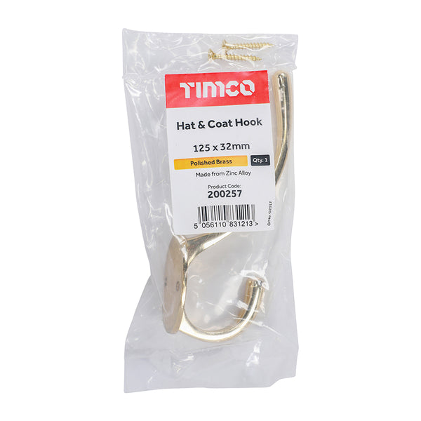 TIMCO Hat & Coat Hook Polished Brass - 125 x 32mm