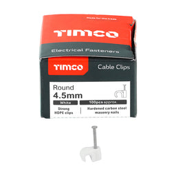 TIMCO Round Cable Clips White - To fit 4.5mm (100pcs)