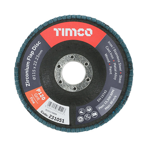 TIMCO Set of Flap Discs Zirconium Type 29 Conical P120 Grit - 115 x 22.23 (10pcs)