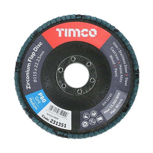 TIMCO Set of Flap Discs Zirconium Type 29 Conical P80 Grit - 115 x 22.23 (10pcs)