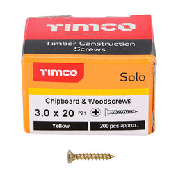 TIMCO Solo Countersunk Gold Woodscrews - 3.0 x 20 (200pcs)